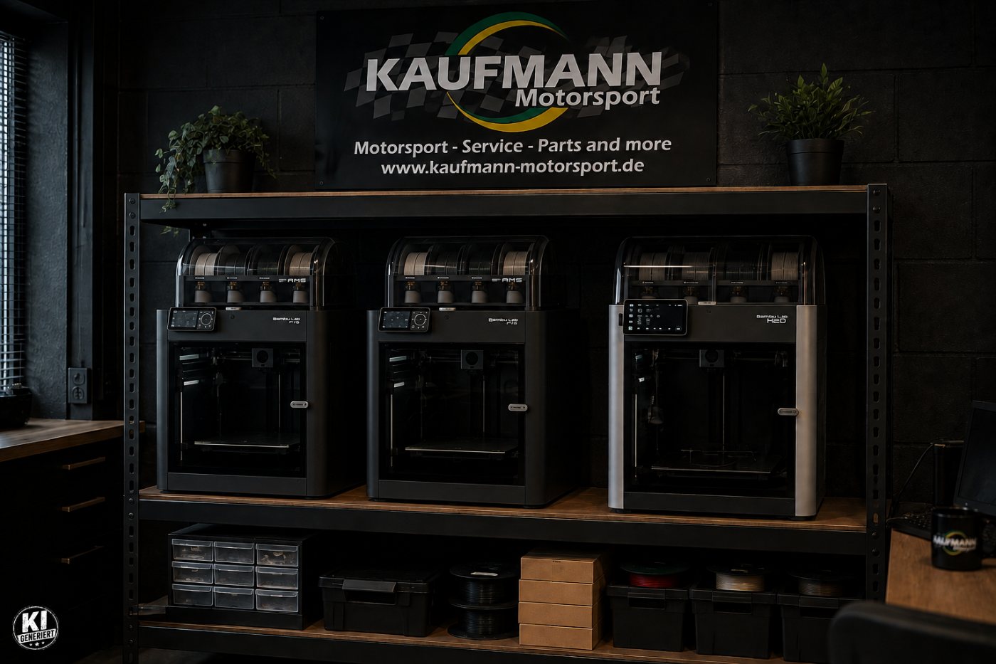 Drei 3D-Drucker im Regal unter dem Kaufmann-Motorsport-Banner, darunter Filamentrollen und Kleinteile