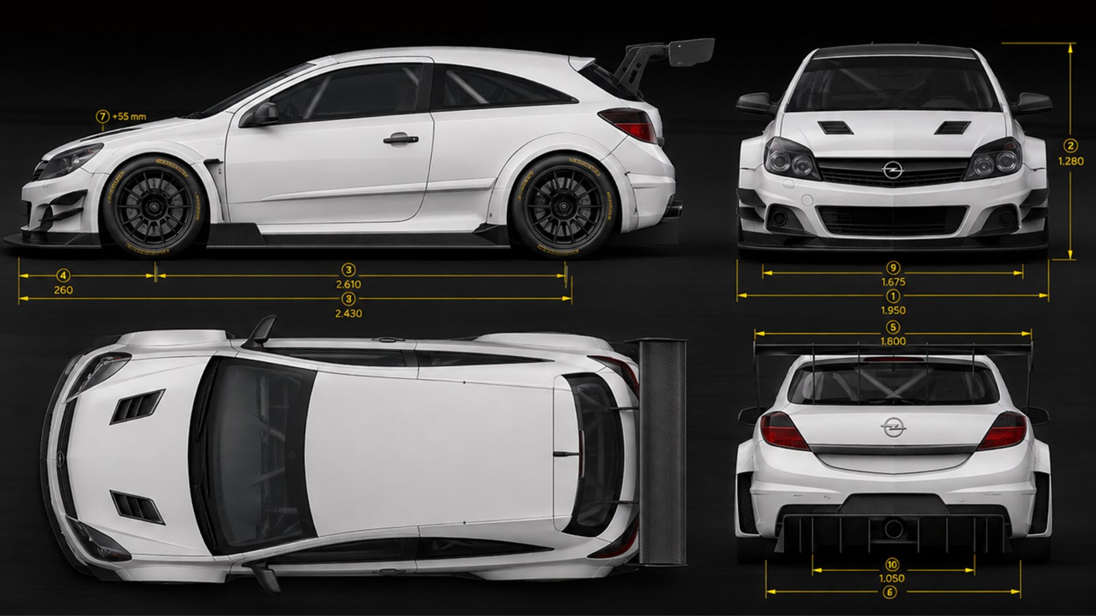 Technische Konzeptdarstellung des geplanten Astra H GTC in vier Ansichten mit Maßen