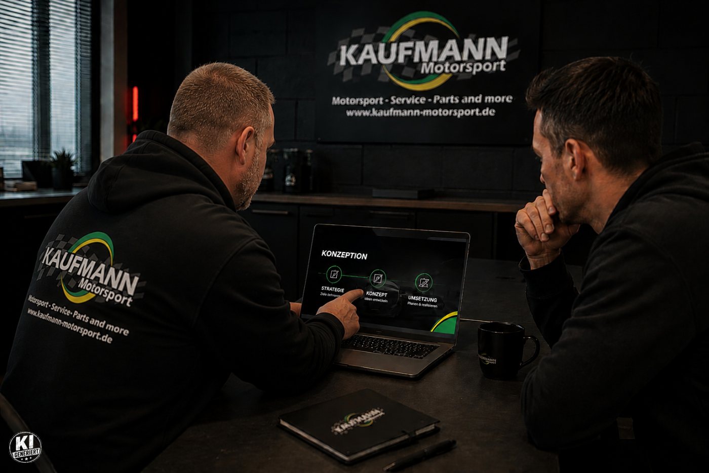 Zwei Personen in Kaufmann-Motorsport-Kleidung besprechen am Laptop ein Fahrzeugkonzept