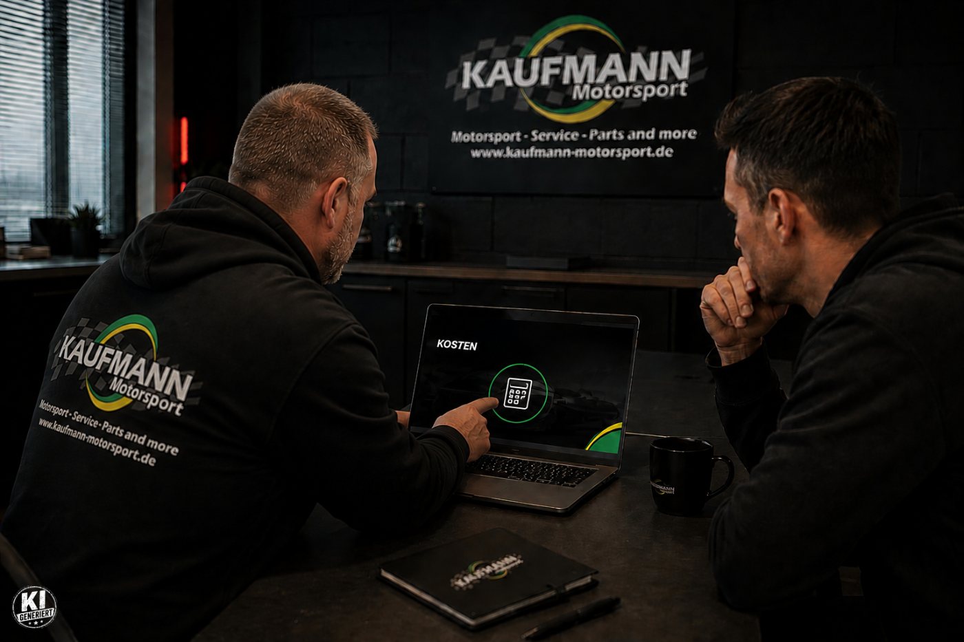 Besprechung am Laptop, auf dem Bildschirm die Kostenübersicht eines Projekts