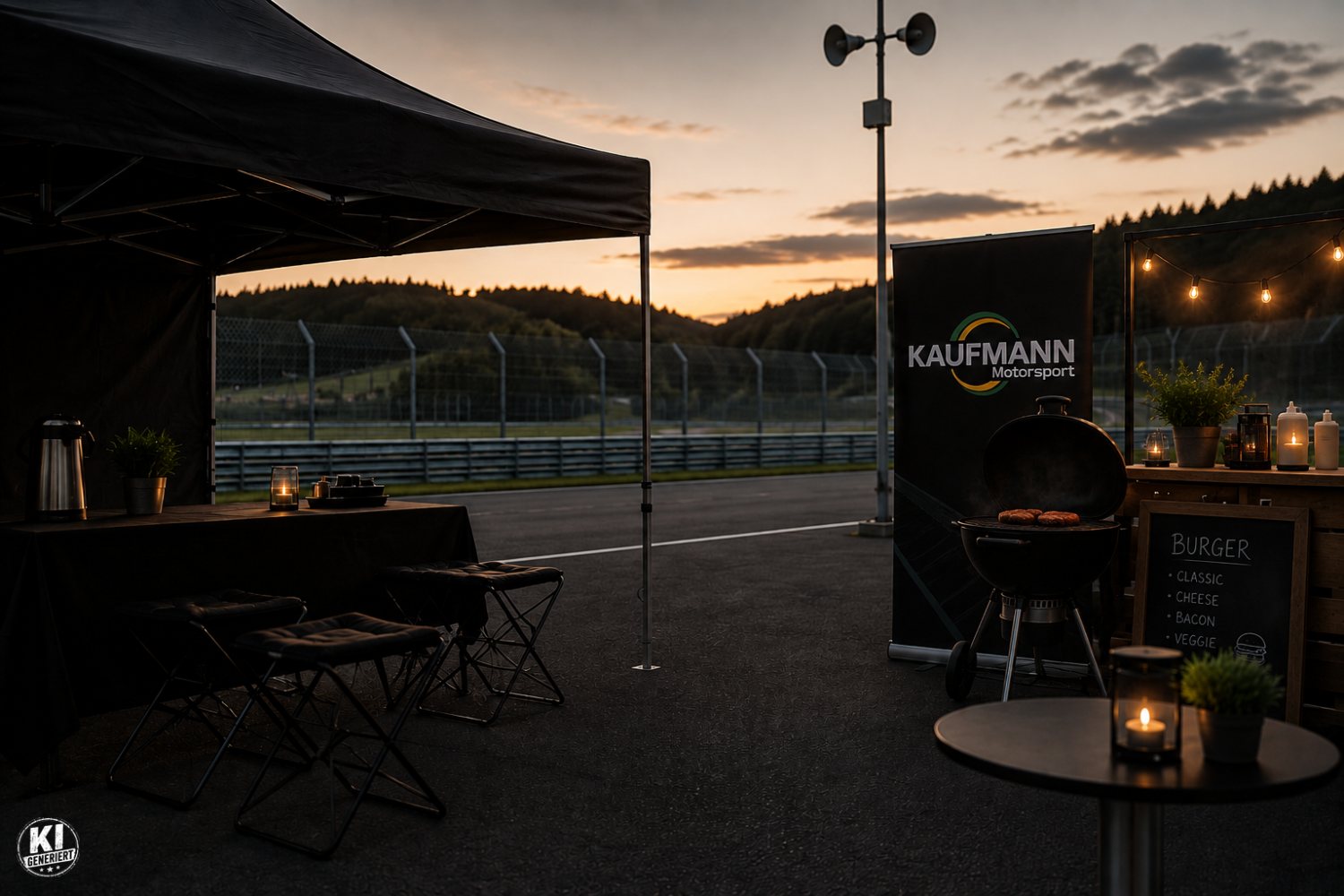 Aufgebauter Cateringbereich mit Pavillon, Grill und Sitzgelegenheiten an der Rennstrecke bei Abendlicht